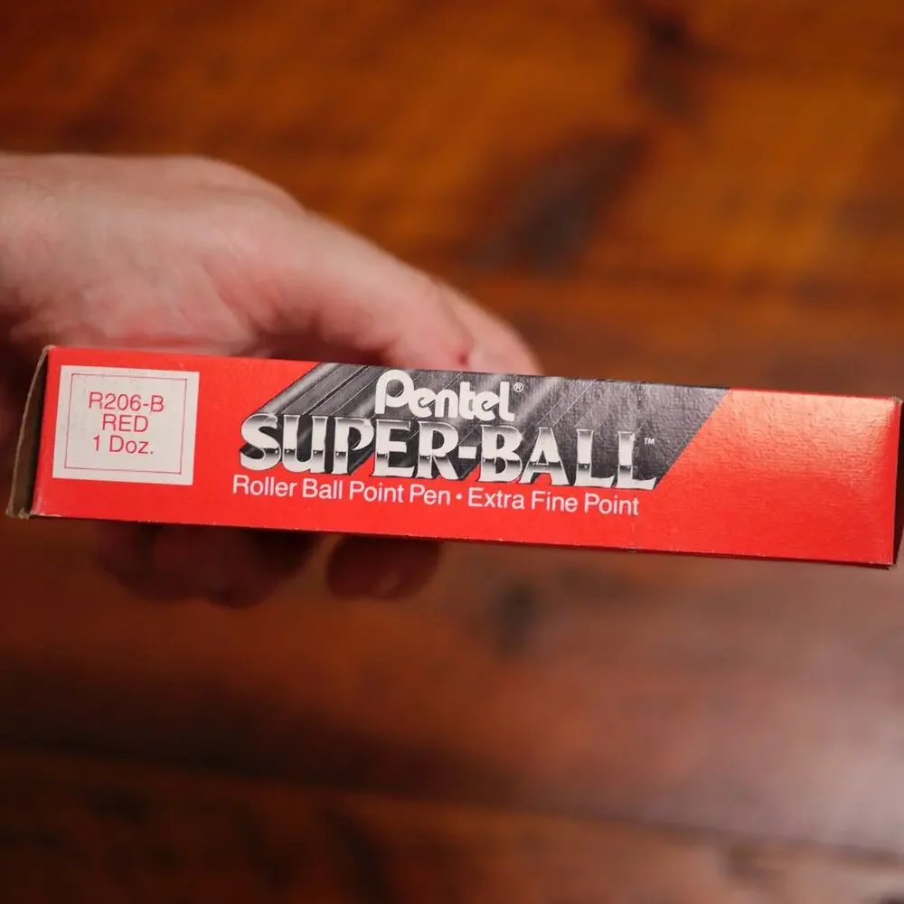 Box of 12 Vtg NEW Deadstock PENTEL Red SUPER-BALL Extra Fine Point Pen R206-B